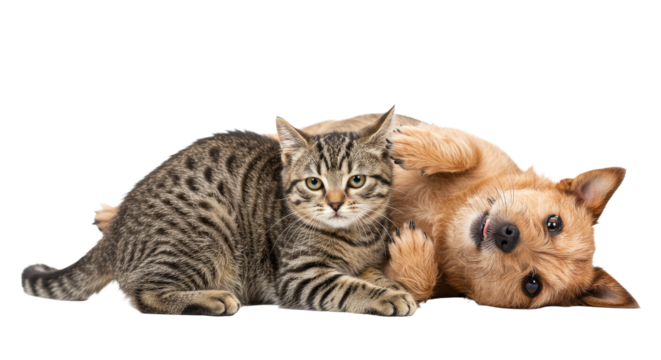 Cat and Dog Lying Together on White Background