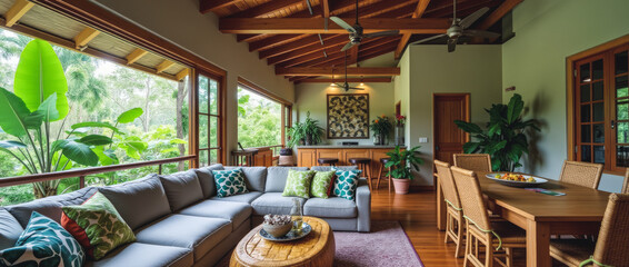 Vibrant Open-Plan Living and Dining Area with Tropical Flair and Gray Sectional Sofa