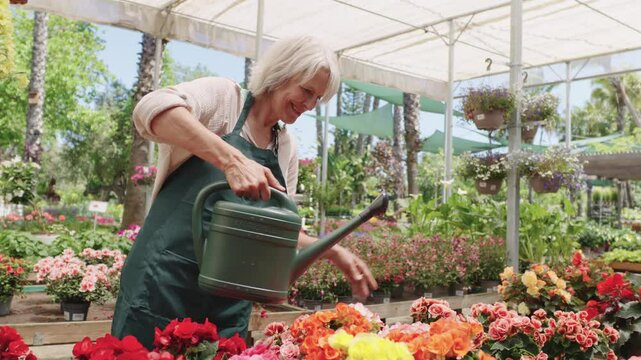Gardener watering flowers in greenhouse slow motion