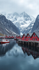 Reine Lofoten Islands Norway Iconic Red Rorbuer Cabins on Stilts Over Calm Arctic Waters