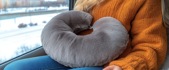 Traveler rests head on pillow. Comfort is on the go, traveling in winter