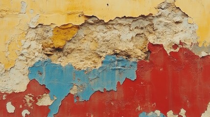 Obraz premium Flaking paint reveals layers of vibrant colors on a textured wall, creating an abstract effect