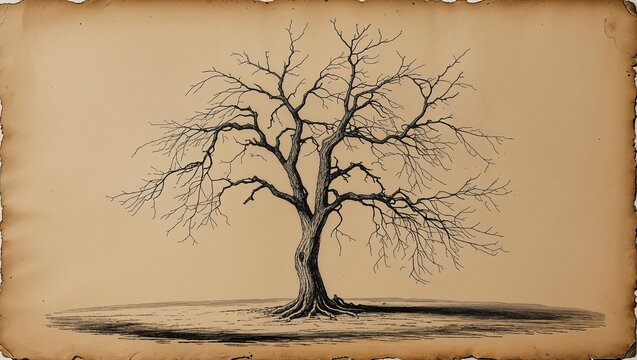 Standing leafless tree spreading branches on aged parchment, with burnt edges, ground shading - Powered by Adobe