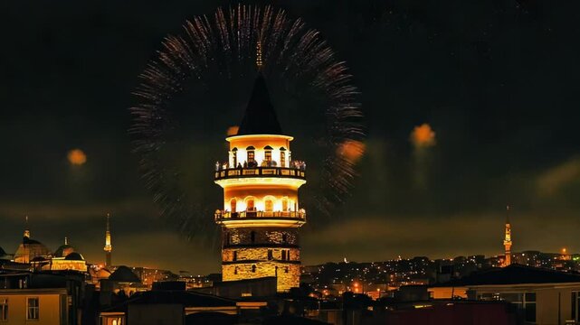A clock tower surrounded by fireworks in the night sky