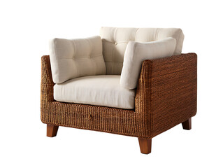 Fototapeta premium Elegant Wicker Armchair with Neutral Cushions, A Cozy and Stylish Seating Option for Modern Homes