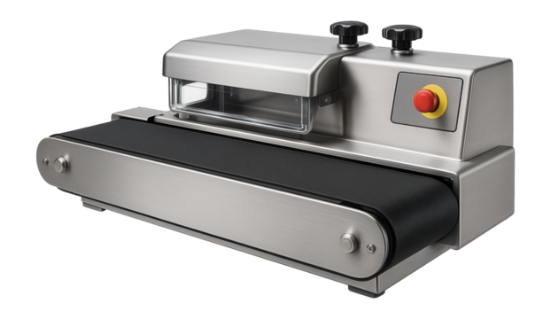 Continuous vacuum packaging machine with a belt-driven system and adjustable pressure settings for a frozen food production line