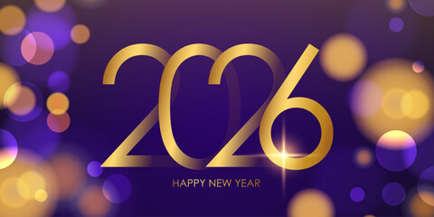 2026 Happy New Year festive banner. Gold color. New Year 2026 holiday background. Bright bokeh lights. Vector illustration.