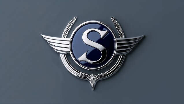 Glowing silver chrome emblem showcasing wings and laurel wreath in studio, with blue circular crest - Powered by Adobe