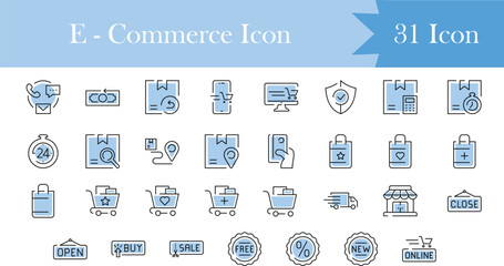 Minimal Blue E-commerce Icon Set – 31 Line Icons for Online Shop, Delivery, Payment, Cart