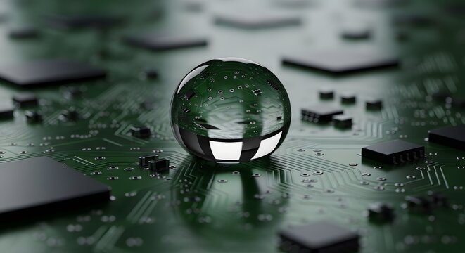 Reflective Orb on Green Circuit Board: Futuristic Digital Technology and Artificial Intelligence Concept