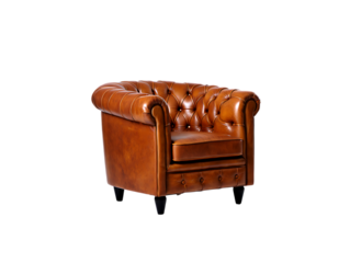 Elegant Brown Leather Chesterfield Armchair, Luxurious and timeless single seater chair on a black background