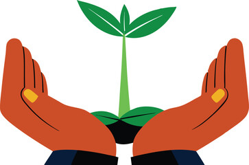 This collection of images depicts illustrations of hands gently holding small plants, symbolizing growth, care, or environmental theme