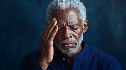 An elderly African American man with gray hair shows signs of distress, capturing a moment of deep contemplation.