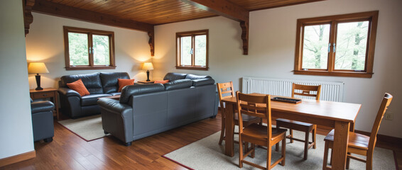 Simple and Sturdy Open-Plan Living and Dining Area with Mission-Style Details and Warm Wood Tones