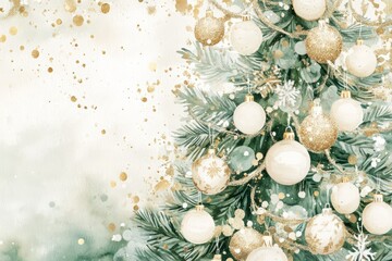 Watercolor Christmas tree with golden toys, glitter, stars