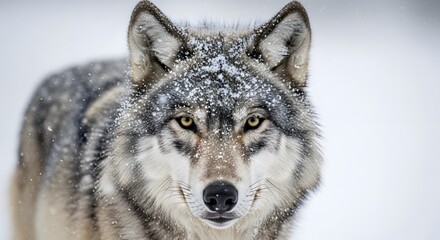 Obraz premium Magnificent Grey Wolf Portrait with Piercing Yellow Eyes and Snow-Covered Fur in Winter