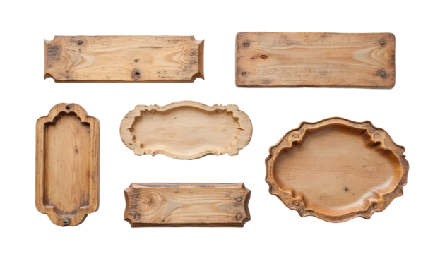 set of wooden label or wood plate isolated on white background
