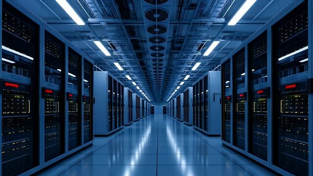 Futuristic server room with rows of illuminated computer racks