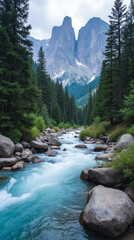 Dolomites Italy — Mountain River Flowing Over Stones with Towering Pine Trees