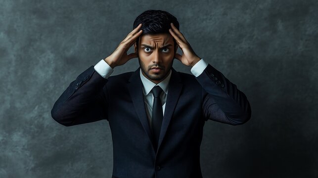 Frustrated South Asian man in a suit, holding his head in a perplexed expression against a muted backdrop.