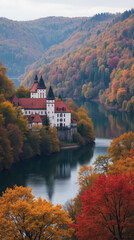 Czorsztyn Lake in Autumn Poland — Castles and Hills Wrapped in Gold and Crimson Foliage Overlooking Calm Waters