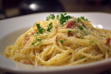 Spaghetti carbonara with parmesan cheese.