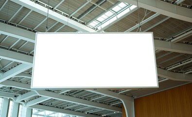 A stark white billboard its surface pristine and blank hung suspended from the ceiling of a spacious indoor hall awaiting the vibrant message it would soon convey its presence a silent testament to th