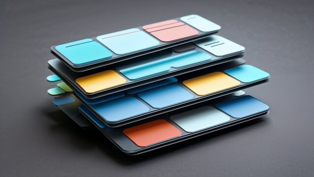 Displaying dark gray panels revealing colorful modular inserts on dark tabletop, minimalist design - Powered by Adobe