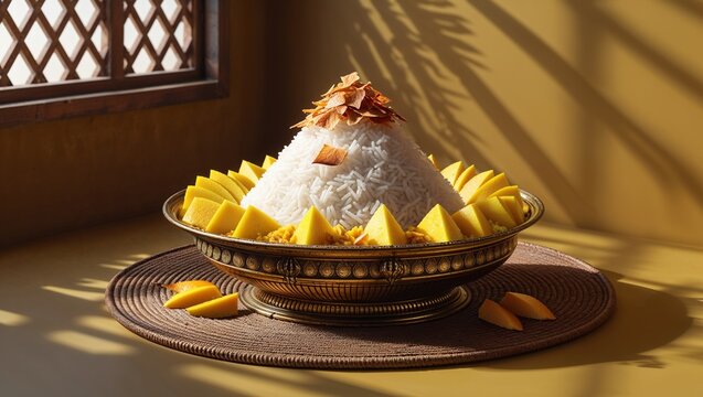 Displaying brass bowl holding rice pyramid near lattice window, with dried petals and mango wedges - Powered by Adobe