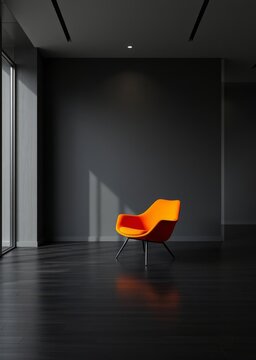A sleek orange chair on a black wooden floor against a dark wall a minimalist room with dramatic lighting best interior design Empty room interior design architecture blank design room