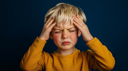 Young boy with blond hair looks distressed, holding his head in frustration against a blue background.