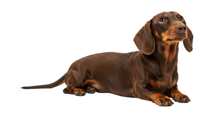 Dachshund Laying Down Looking Up on White Background