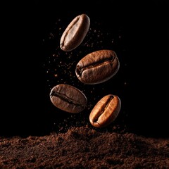 Four roasted coffee beans in mid-air, descending onto a pile of dark brown grounds against a pure black background, showcasing texture and motion