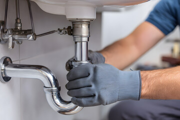 Plumber fixing metal pipes under a bathroom sink while wearing gloves close-up view