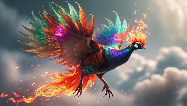 Soaring mythical bird gliding through colorful clouds in open sky, with flaming crest and embers - Powered by Adobe
