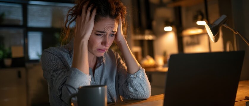 The woman experiencing stress and frustration while working late at night.