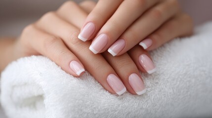 The elegant hands displaying a perfect French manicure on a soft towel.