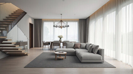 Spacious Contemporary Open-Plan Living and Dining Area with Minimalist Gray Sectional Sofa
