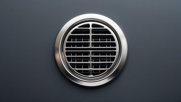 Displaying circular metal vent on gray wall, with polished silver frame, grille and mounting screws - Powered by Adobe