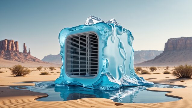Displaying melting ice block housing portable air cooler on sandy desert plain, with water puddles - Powered by Adobe