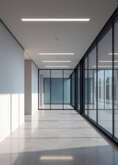 Fototapeta premium The interior design of a contemporary office corridor with a large glass window of a meeting room Empty room interior design architecture blank design room