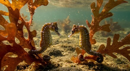 Two long-snouted seahorses facing each other among reddish seaweed on the sandy ocean floor, captured in a clear shallow-water marine environment with natural sunlight.