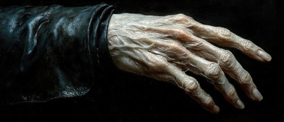 An old, pale hand with visible veins lies against a black background, connected to a dark sleeve