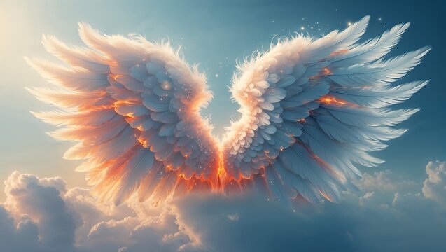 Hovering angel-like wings glowing with ember highlights above cloud bank, with ambient light specks