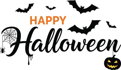 Happy halloween text with bats spider web and jack o lantern design