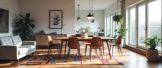 Stylish Retro-Inspired Open-Plan Living and Dining Area with Mid-Century Modern Aesthetic