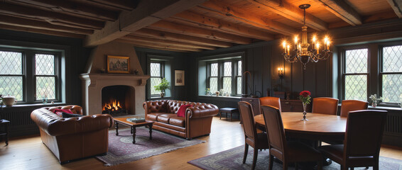 Warm Open-Plan Living and Dining Area with Exposed Wooden Beams and Stone Fireplace