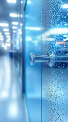 A gleaming metallic handle graces a damp, cold glass door, blurring the background