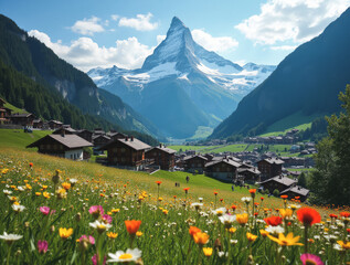 Wengen Switzerland Alpine Flower Fields and Peaks Charming Village Landscape