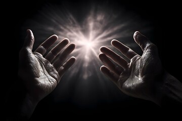 Hands reaching for a glowing guide symbol in moody, dramatic lighting.
